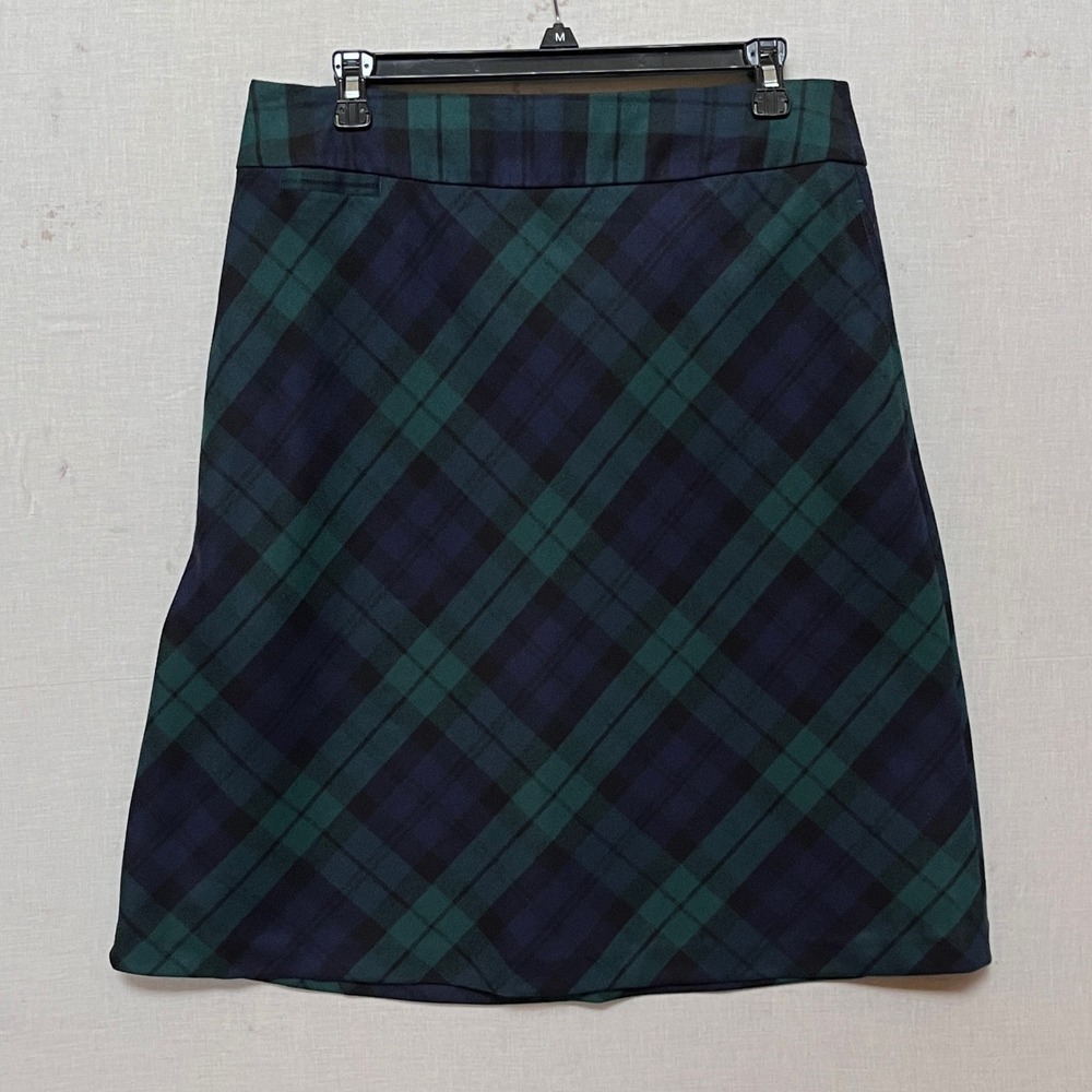Lands End Skirt 10P Petite Green‎ Blue Plaid Wool Blackwatch Academia Tartan